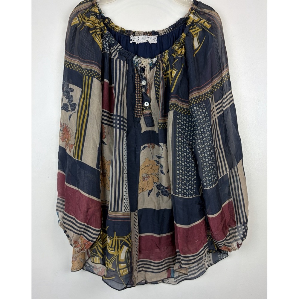 Silk Blend Patchwork Tunic Top Women Medium Sheer Flowy Boho Dark Romantic